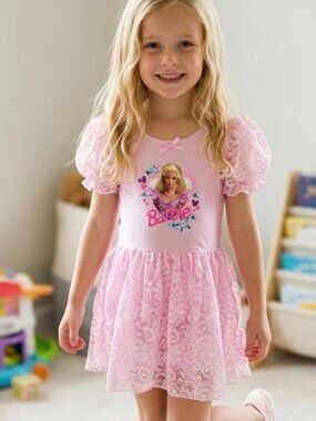 Rare 1997 Barbie Pink Girls 7/8 Leotard Bodysuit W Lace sleeves & Skirt Overlay